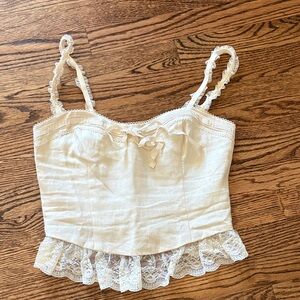 Reformation Beige Smocked Top with Lace Trim